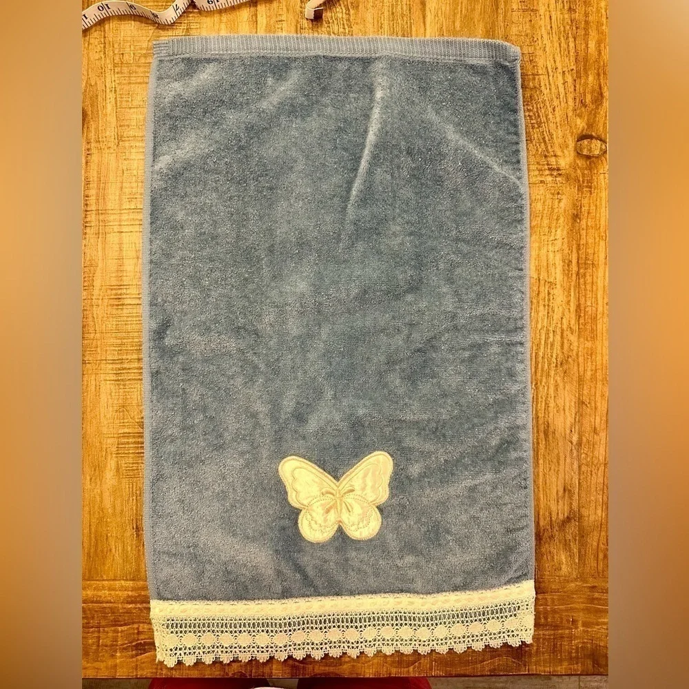 Vintage Saturday Knight Ltd. 2 Blue Hand Towels with Embroidered Satin Butterfly
